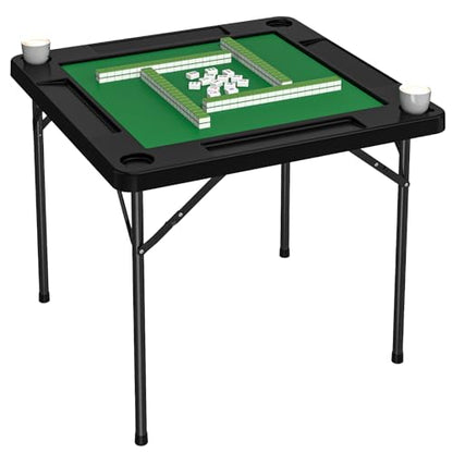 Mahjong Table, 35.4" Square Folding Card Table with Green Felt, Chip Trays, 4 Cup Holders, Multi-Game, Domino and Poker Tables for 4 Players, Foldable Tables for Jigsaw Puzzles, Black - color: Black