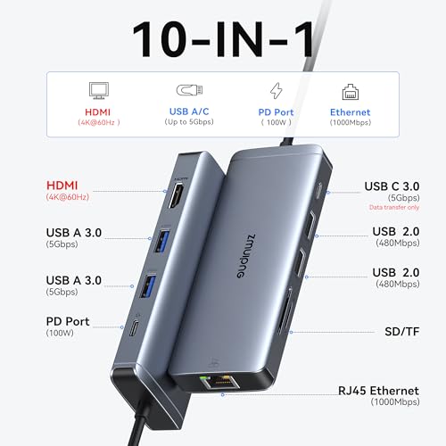 USB C Hub Ethernet USB C Adapters for MacBook Pro/Air,Mac Dongle with USB Port,USBC to HDMI 4K, USB C to Ethernet,10 in 1 USB C to HDMI Adapter,100W Pd Charging, USB C to SD/TF Card Reader USB C Hub
