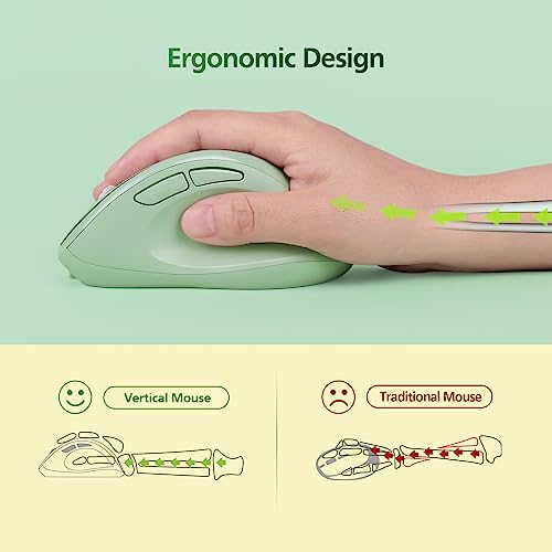 Micropack Ergonomic Vertical Wireless Bluetooth Mouse for Laptop MacBook PC Rechargeable Silent Click 3-Mode Multi-Device 2.4G Adjustable DPI Compatible with Windows Android iOS MacOS Green - color: Green, size: Rechargeable 3-Mode