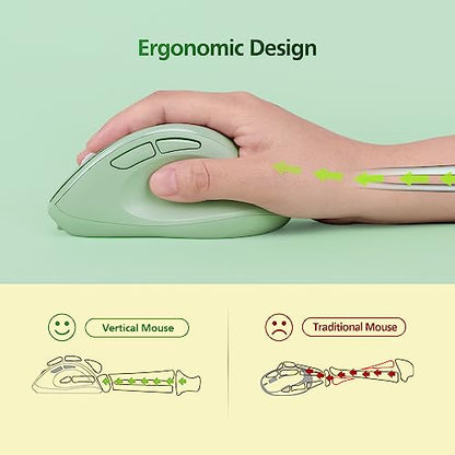 Micropack Ergonomic Vertical Wireless Bluetooth Mouse for Laptop MacBook PC Rechargeable Silent Click 3-Mode Multi-Device 2.4G Adjustable DPI Compatible with Windows Android iOS MacOS Green - color: Green, size: Rechargeable 3-Mode