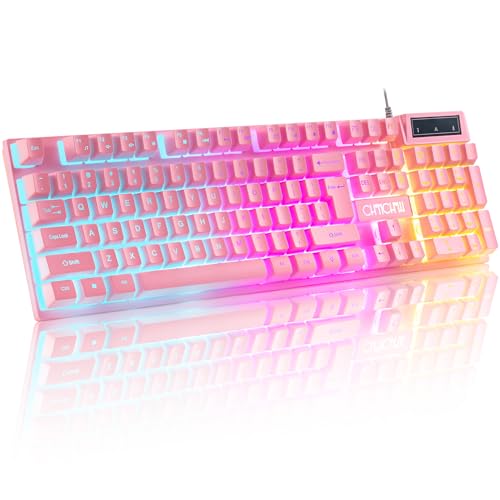 Light Up Cute Pink Gaming Keyboard, 3 Color LED Backlit for PC Computer PS5 | 19 Keys Anti-Ghosting, Multimedia Function Keys, 104 Keys Full Size, Number Pad, USB Wired Creamy Keyboard for Desktop Laptop - color: Pink