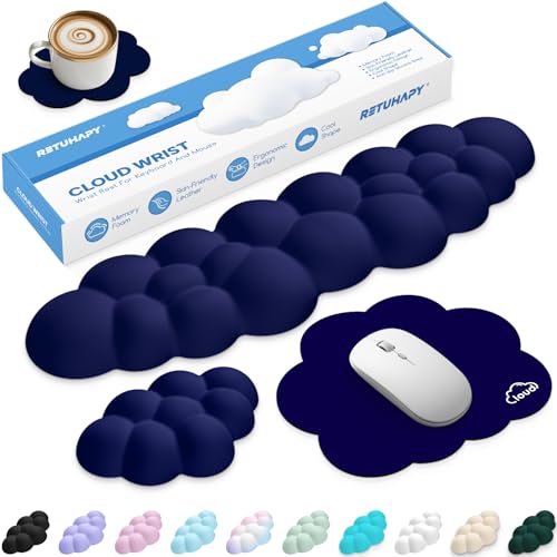 Cloud Wrist Rest Keyboard Cushion and Cloud Mouse Pad, Dark Blue | 4-in-1 Ergonomic Cloud Keyboard Wrist Rest Set, Memory Foam, Arm Support for Palm, Cute Desk Accessory for PC Gaming Setup - color: 10 Dark Blue, size: Full Size