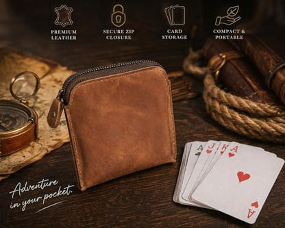 Premium Full Grain Leather Playing Card Case, Zippered Playing Card Holder for Poker Bridge Cards, Durable Leather Card Deck Storage Organizer Travel Card Carrying Pouch Multi Purpose Wallet - color: Tan