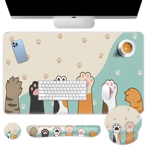 Britimes Kawaii Cat Paws Keyboard Mouse Pad Set Cute Cartoon 4in1 Large Mousepad+Keyboard Wrist Rest+Mouse Wrist Rest+Coaster Ergonomic Design for Home Office Computer 35.4x15.7 inches - color: Cat Paws