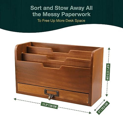 Rustic Wooden Desk Organizer - Vertical File Sorter with 3 Compartments & 1 Paper Tray Drawer - Mahogany Wood