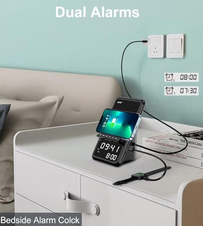 AFK Wireless Charging Station with Bluetooth Speaker and Alarm Clock,Wireless Charger Compatible with iPhone,Android Phones(Black)