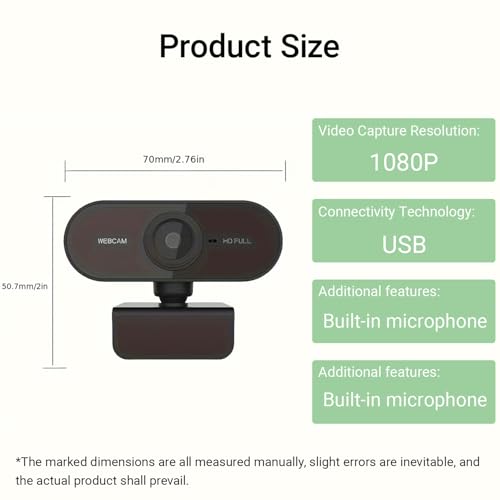 1080P Full HD Webcam with Dual Microphones, Security Camera,90 Degree FOV, Plug and Play USB for Streaming and Conferencing, Black