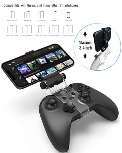 Joso Mobile Phone Holder for Xbox Controller, Cellphone Mount Clamp Compatible with Xbox Series S/X, Xbox One/S/X Gamepad, Adjustable Clip with 2 Thumb Grip Caps