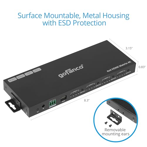 gofanco 4K60Hz 4x4 HDMI Matrix Switch (Matrix44HD2-BSC) | Up to 4K60Hz 4:4:4, HDR, HDCP 2.2/1.4, Auto Downscaling, EDID Management, 7.1ch Audio, Atmos, Lightning/Surge/ESD Protection - size: 4K 60Hz 4x4 BSC