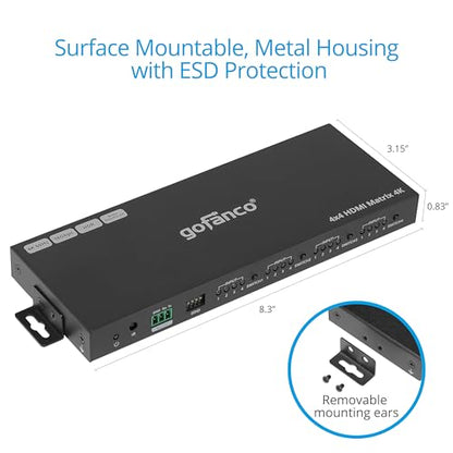 gofanco 4K60Hz 4x4 HDMI Matrix Switch (Matrix44HD2-BSC) | Up to 4K60Hz 4:4:4, HDR, HDCP 2.2/1.4, Auto Downscaling, EDID Management, 7.1ch Audio, Atmos, Lightning/Surge/ESD Protection - size: 4K 60Hz 4x4 BSC