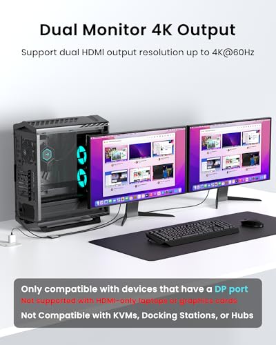 4K 60Hz DisplayPort to Dual HDMI Adapter, MST Splitter for Dual Monitor Extender, Supports Extended & Mirror Mode, Plug and Play, USB Power Cable Included