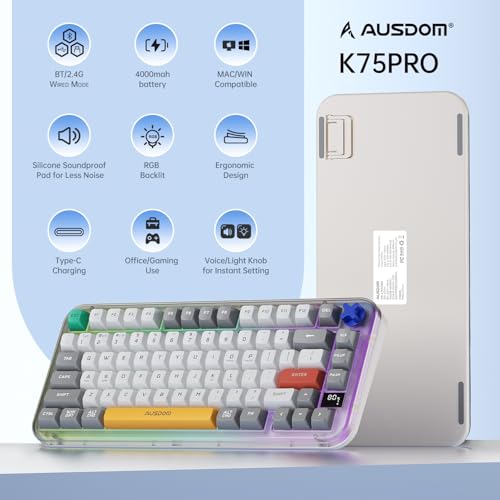 AUSDOM K75pro Wireless Gaming Creamy Keyboard, Tri-Mode BT/2.4G/USB-C Computer Keyboard, RGB Backlit Media Knob Creamy Keyboard (Mixed Color) - color: Mixed Color