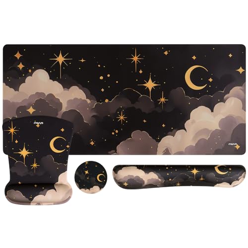 MOSISO Keyboard Mouse Pad Set, Large Gaming Mouse Pad&Keyboard Wrist Rest | Mouse Wrist Rest&Coaster, Ergonomic Non-Slip Dreamy Star Moon Mousepad with Raised Memory Foam for Home Office