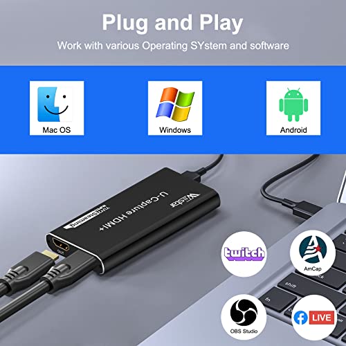 Wiistar USB Audio Video Capture Card 1080P60 HDMI to USB3.0 Video Capture | Support YUY2 with Microphone 4K30Hz HDMI Loopout for Game Recording Live Streaming PS4 Compatible with Windows Mac OS System