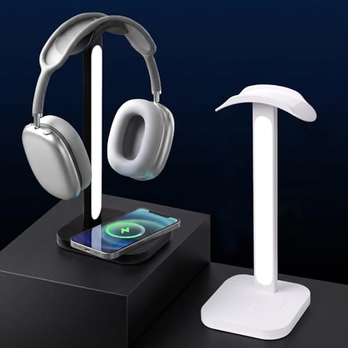 3 in 1 Gaming Headphone Stand with Wireless Charger, Desktop Headset Holder Hanger Rack, Wireless Charging Station Compatible for iPhone Series, PS5, Xbox, PC Gaming Desk Accessories, White - color: White