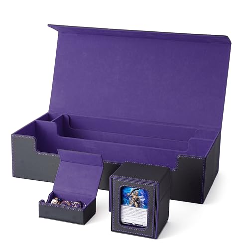 Venssu MTG Deck Box Holds 5 Display Card Deck Boxes with Playmat and Dice Box,Includes 10 colorful dividers and 1 card supporter, Trading Card Storage Box For Magic Game Cards（Black and Purple） - color: Black and Purple