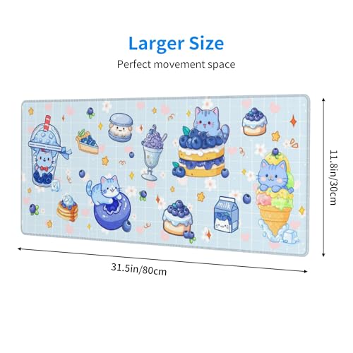 Cat Blueberry Gaming Mouse Pad Extended Large Mouse Mat 31.5 X 11.8 Inch Nonslip Rubber Base Long Desk Pad Stitched Edges Mousepad Mice Pad for Office Home Game - color: Cat Blueberry