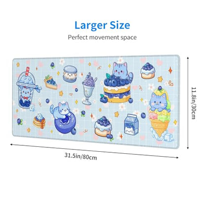 Cat Blueberry Gaming Mouse Pad Extended Large Mouse Mat 31.5 X 11.8 Inch Nonslip Rubber Base Long Desk Pad Stitched Edges Mousepad Mice Pad for Office Home Game - color: Cat Blueberry
