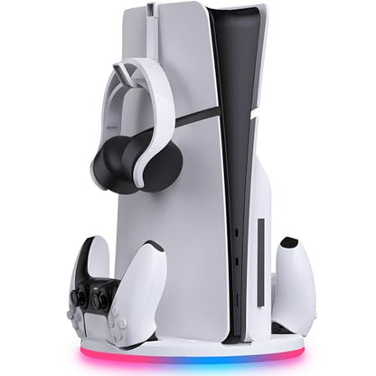 Stand with Dual Controller Charger for PS5 Slim – Vertical Console Stand with Headset Hook for PlayStation 5 - Cool RGB Lights - Efficient Charging - Charging Station for Dualsense and Edge Gamepad
