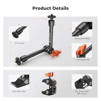 K&F CONCEPT 9.8" Magic Arm Clamp Kit with 1/4" & 3/8" Thread Screw | 360° Ball Heads Magic Arm with Tripod Mount Adapter for Gopro/LED Lights/Monitor/Flash/Microphone/DSLR Camera, MS32 - style: 9.8" with Adapter