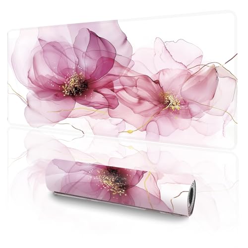 Pink Alcohol Ink Desk Mat (31.5 x 11.8 Inch), Large Abstract Floral Mouse Pad with Gold Accents, Elegant Magenta Fluid Art Design, Non-Slip Laptop Base, Modern Office Decor - color: Ethereal Bloom, size: 11.8x31.5''