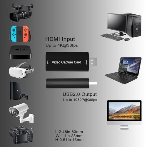 4K HDMI to USB 2.0 Video Capture Card for Switch PC | 4K Input 1080P Output Plug & Play Audio Capture Device for Low-Latency Live Streaming & Gaming - size: USB2.0 30Hz