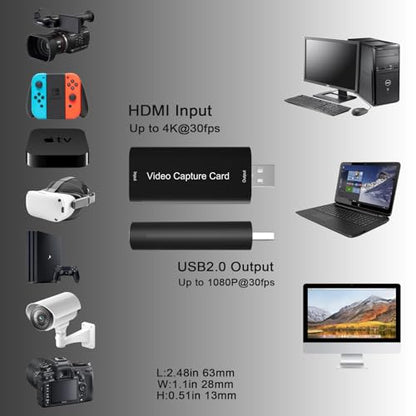 4K HDMI to USB 2.0 Video Capture Card for Switch PC | 4K Input 1080P Output Plug & Play Audio Capture Device for Low-Latency Live Streaming & Gaming - size: USB2.0 30Hz