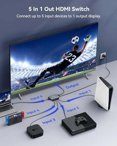 HDMI Switch 5 in 1 Out 4K@60Hz, GANA HDMI Splitter Switcher with Remote, Aluminum HDMI 2.0 Switch Box Hub for 3D, HDCP2.2, HDR, Compatible with Xbox, PS5/4/3,Fire Stick,Roku,Blu-Ray Player, Grey - color: Gray