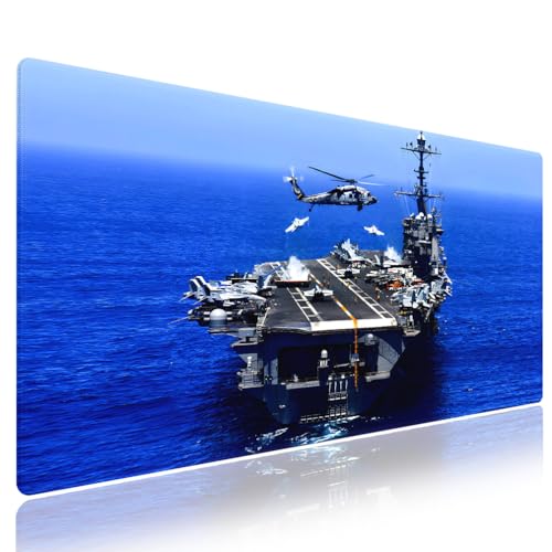 Aircraft Carrier Large Blue Mouse Pad, US Navy Patriotic Military Desk Mat | Fighter Jet Group and Helicopter, Nature Ocean Scenery, 31.5" x 11.8", XXL Gaming Stitched Keyboard Mat, Smooth, Anti-Slip - color: Aircraft Carrier Navy Blue Ocean