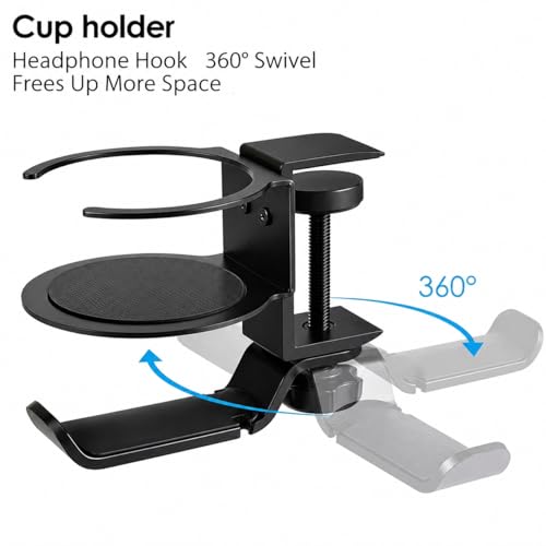 Foldable Aluminum Under Desk Headphone Hanger with Cup Holder, 2-in-1 Clamp-on Headset Stand & Drink Holder, Heavy Duty Gaming Headphone Hook for Office, Home, Gaming Desk - Black