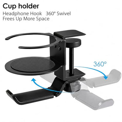 Foldable Aluminum Under Desk Headphone Hanger with Cup Holder, 2-in-1 Clamp-on Headset Stand & Drink Holder, Heavy Duty Gaming Headphone Hook for Office, Home, Gaming Desk - Black