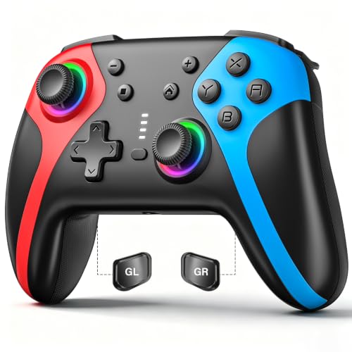 GaloDrmy Wireless Switch Controllers for Nintendo Switch/OLED/Lite/Switch 2 | 1000mAh Rechargeable Switch Pro Controller with 10 Color LED/Motion Control/Wake Up/Turbo/Hall Effect Joysticks, Red & Blue - color: Red & Blue
