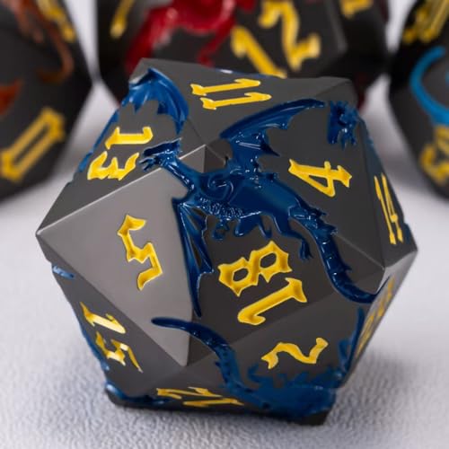 Metallic DND Dragon Dice Set,Metal Polyhedral Dice with Dragon for Dungeons and Dragons RPG TTRPG D&D 7-Die Set with Gift Case - color: Pearl Gun 7 Colors
