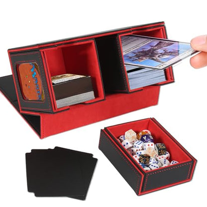 Card Deck Box for Trading Cards with Dice Storage, Double window separation Box Holds 200+ Single Sleeved Cards, PU Leather Magnetic Closure Storage Case for Magic Commander TCG CCG (Black&Red)