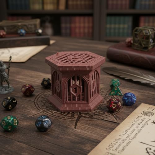 Dice Jail with Secure Clip-On Lid - Fun Dungeon Cage Prison for Tabletop RPG Polyhedral Dice Games (Includes Free 7-Piece Polyhedral Dice Set) (Copper red) - color: Copper Red