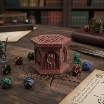 Dice Jail with Secure Clip-On Lid - Fun Dungeon Cage Prison for Tabletop RPG Polyhedral Dice Games (Includes Free 7-Piece Polyhedral Dice Set) (Copper red) - color: Copper Red