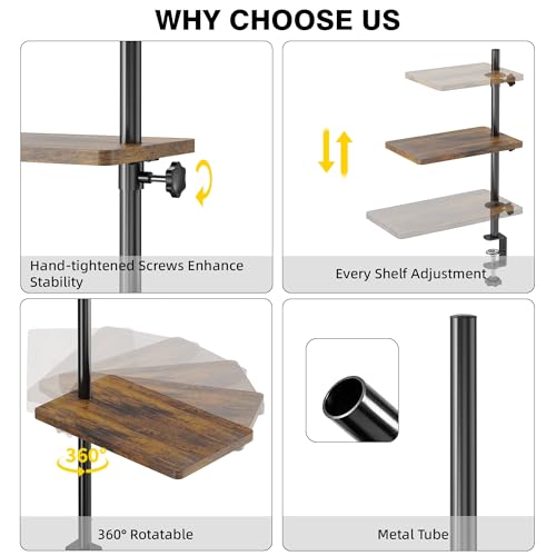 3 Tiers Clamp On Desk Shelf, 360° Angle Adjustable Desktop Shelf Organizer for Home Office Gaming Room, No Drill Desk Extender Adapt to 0.4-2.16 inches Table Thick, Black Brown - color: 3-tier Black Brown