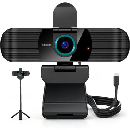 Pro HD 1080p/30fps Webcam with Tripod, External USB-C Camera for PC/Laptop | Dual noise-cancelling mics | Auto-focus | Wide-angle | Low-light correction | 360° rotation | CMOS sensor | Plug and Play - style: 1080p | 30fps | USB-C Cable | Tripod Included