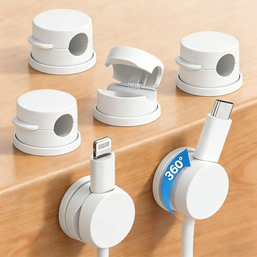 6PC 360° Rotatable Spring Cable Management, Cord Organizer Holder for Desk, Strong Adhesive Cable Clips Desk Accessories, Adjustable Wire Keeper for Nightstand, Home, Office, RV (White) - color: White