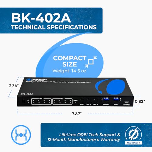 OREI 4x2 HDMI Matrix Switch 8K with Audio Extraction eARC, EDID, Downscale | 4x2 Matrix Switch, 4 x 2 Video Matrix – HDMI 2.1, 40Gbps, VRR, ALLM, FVA, HDCP 2.3, 4K120 & 8K30 4:4:4 - color: Black
