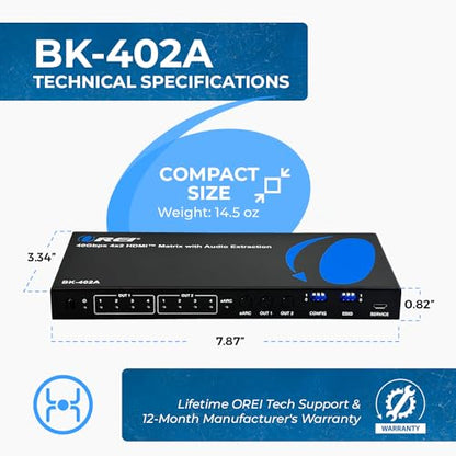 OREI 4x2 HDMI Matrix Switch 8K with Audio Extraction eARC, EDID, Downscale | 4x2 Matrix Switch, 4 x 2 Video Matrix – HDMI 2.1, 40Gbps, VRR, ALLM, FVA, HDCP 2.3, 4K120 & 8K30 4:4:4 - color: Black