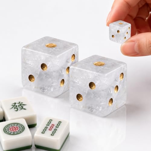 2PCS Crystal D6 Dice, 16mm Natural Gemstone Mahjong Dice Set Stone Dice for Games, Accessories, Tabletop Board Games, Casino Games, Craps, DIY Crafts, Spiritual Decor and Home Decor - color: D6-white Quartz