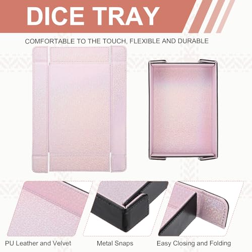 Dice Tray PU Leather Mat Magnetic Folding Dice Rolling Tray Holder Laser Gradient Rectangle Storage Box Perfect for DND Table Games & Entryway & Nightstand Organizer (Pink) - color: Pink