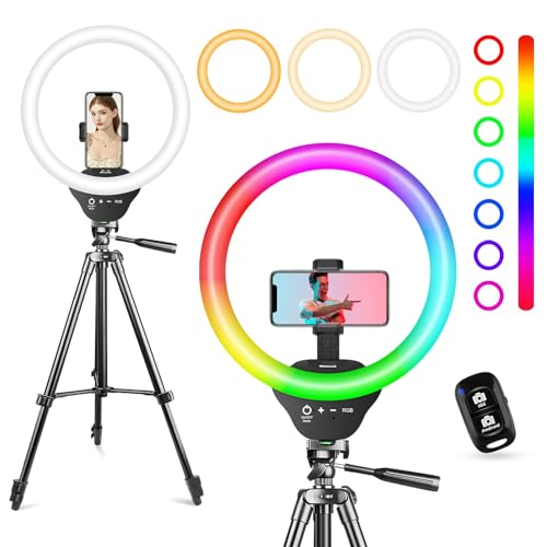 Sensyne 10'' RGB Ring Light with 50'' Extendable Tripod Stand, Circle Lights with Phone Holder for Live Stream/Makeup/YouTube Video/TikTok, Compatible with All Phones - color: RGB, size: 10-inch