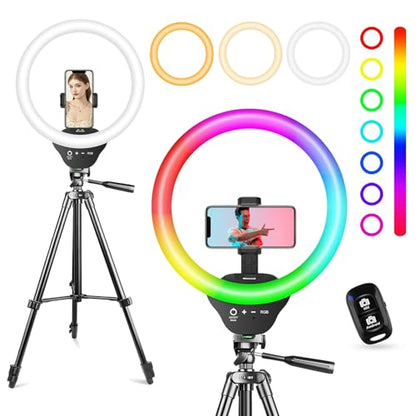 Sensyne 10'' RGB Ring Light with 50'' Extendable Tripod Stand, Circle Lights with Phone Holder for Live Stream/Makeup/YouTube Video/TikTok, Compatible with All Phones - color: RGB, size: 10-inch