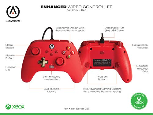 PowerA Enhanced Wired Controller for Xbox Series X|S - Red, Detachable 10ft USB Cable, Mappable Buttons and Rumble Motors, Officially Licensed for Xbox - color: Red