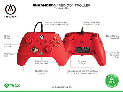 PowerA Enhanced Wired Controller for Xbox Series X|S - Red, Detachable 10ft USB Cable, Mappable Buttons and Rumble Motors, Officially Licensed for Xbox - color: Red