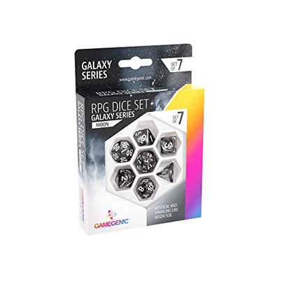 Gamegenic Galaxy Series Moon RPG Dice Set | Set of 7 Dice in a Variety of Sizes Designed for Roleplaying Games | Premium Quality Resin Dice | Cosmic Glittering Design | Black Color | Made by Gamegenic