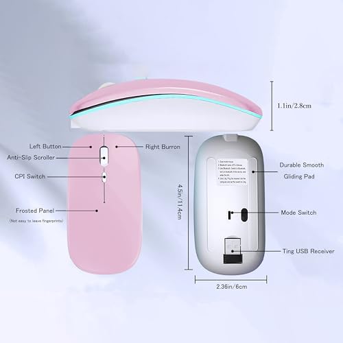 WREANU Wireless Bluetooth Mouse Rechargeable Laptop Mice with LED Lights Silent Slim Use(BT5.2 and 2.4G Portable USB Receiver) Dual Mode Computer Mouse for Laptop/iPad/Tablet/Apple/Computer/Mac(Pink) - color: Pink