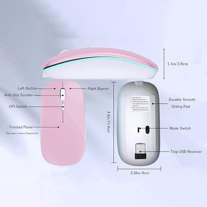 WREANU Wireless Bluetooth Mouse Rechargeable Laptop Mice with LED Lights Silent Slim Use(BT5.2 and 2.4G Portable USB Receiver) Dual Mode Computer Mouse for Laptop/iPad/Tablet/Apple/Computer/Mac(Pink) - color: Pink